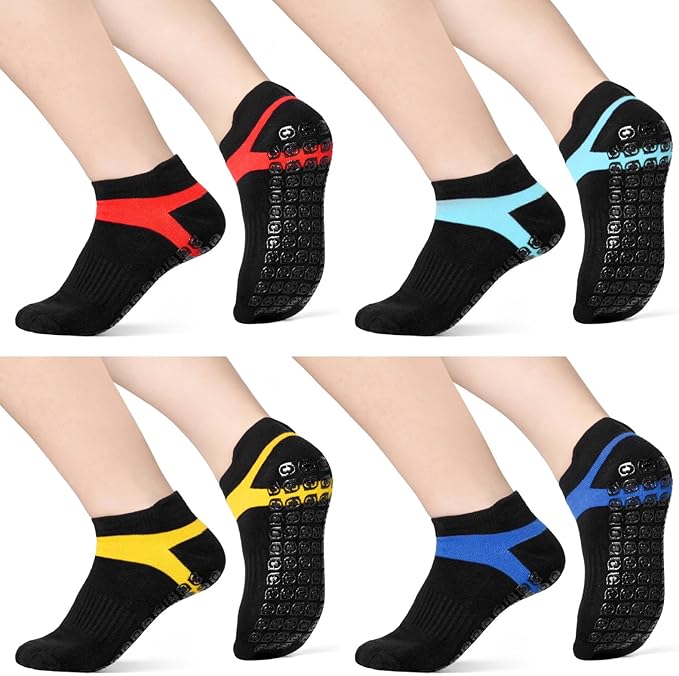 Jspupifip 4 Pairs Non Slip Yoga Socks with Grips for Women Men Pilates Grippy Socks Cotton Barre Hospital Home