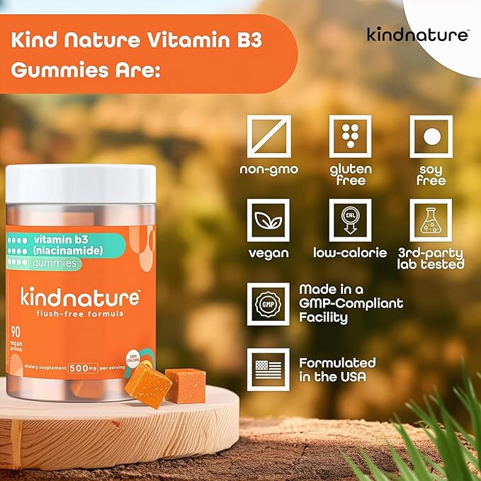 kindnature Vitamin B3 Niacin Gummies - Flush Free Niacinamide 500mg Supplement - Vegan, Non-GMO, Low-Calorie, Gluten-Free, Soy-Fee, 3rd Party Lab Tested - 1 Month Supply, 90 Chewable Gummies