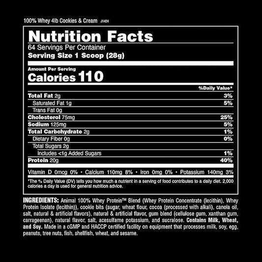 Animal 100% Whey Protein Powder – Whey Blend for Pre Workout or Post Workout, Recovery, Anytime Low Sugar Protein Boost Meal Replacement with BCAA Branched Chain Amino Acids – Cookies & Cream, 4 lb