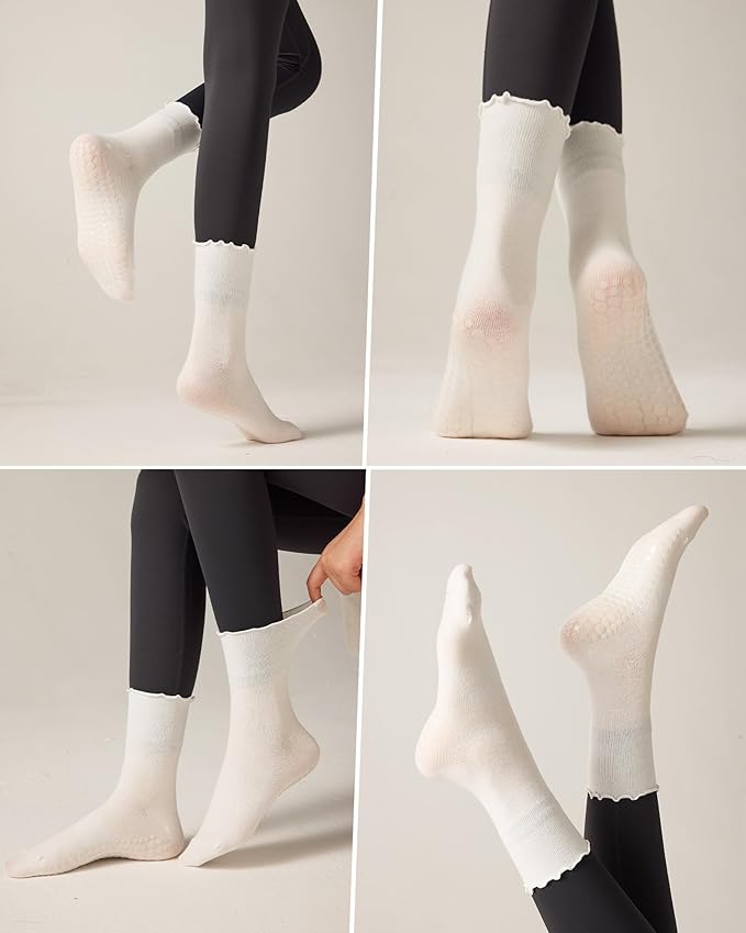 REACH STAR 4 Pairs Pilates Socks with Grips Non Slip Ruffle Yoga Grip Socks for Women