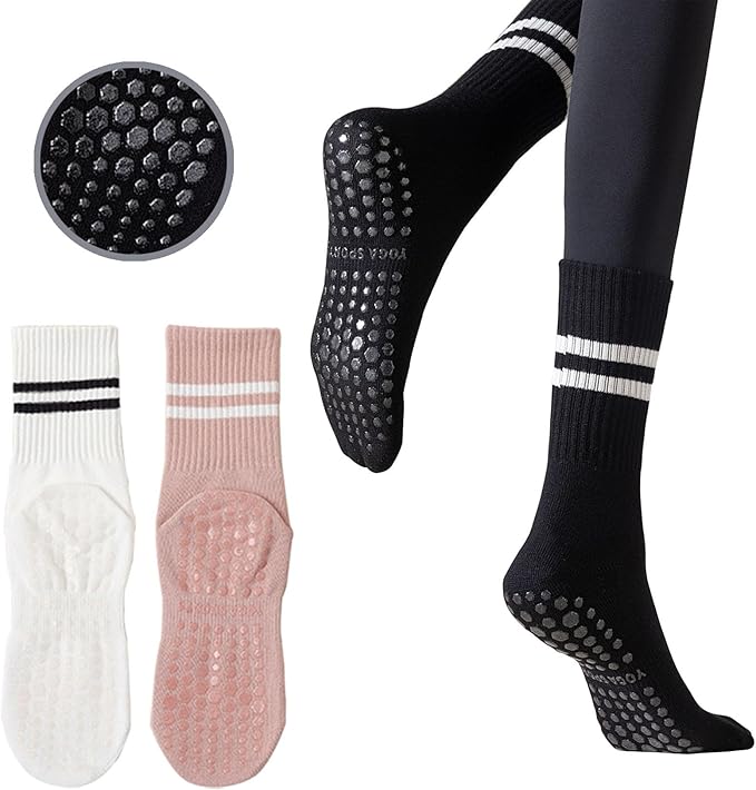 3 Pairs Womens Pilates Socks with Grips Yoga Socks Non Slip Grip Socks for Women for Gym Athletic Barre