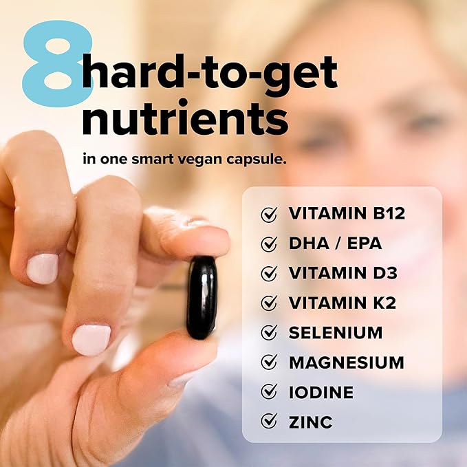 Complement Essential Vegan Multivitamin for Men & Women (60 Servings, 180 Capsules) with Omega-3 DHA & EPA, B12, Vitamin D3 & K2, Zinc, Selenium, Magnesium, Iodine - Supports Immunity & Overall Health