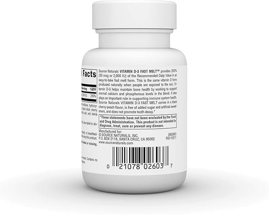 Source Naturals Vitamin D-3 2000 iu Supports Bone & Immune Health - Black Cherry Peach Flavor - 120 Fast Melt Tablets