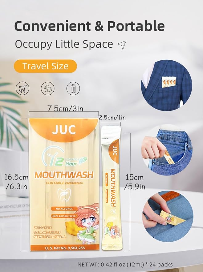 Travel Size Mouthwash, 24 Pack Portable Lemon Flavored, 12ml per Pack, Alcohol-Free, Natural Ingredients, Fresh Breath for Travel, Work & On-The-Go
