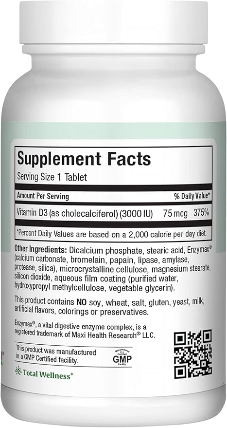 Maxi Health Vitamin D3 3000 IU 75 mcg Vitamin D Supplement for Healthy Bones, Teeth, Immune Support - VIT D3 Supplement Easy to Swallow Non-GMO, Supplement for Men and Women – Kosher (180 Tablets)