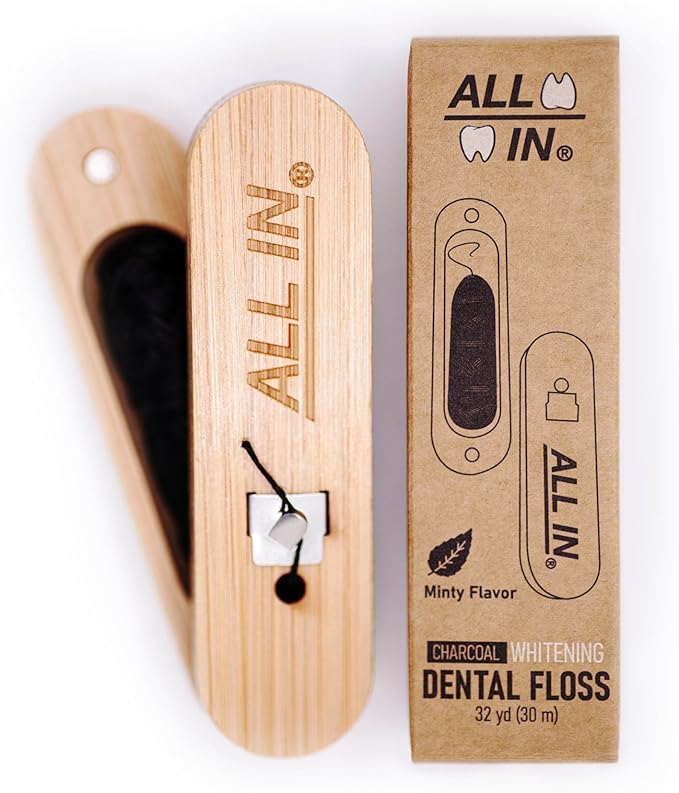 ALL IN Waxed Charcoal Floss with a Refillable Dental Floss Holder - Plant Based, No PFAS - Mint Floss for Effective Plaque Removal, Clean Teeth, Fresh Breath - 32 yd (2)