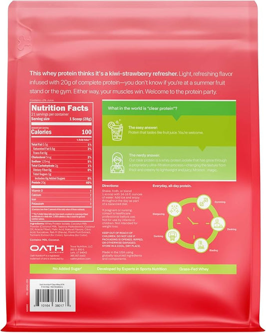 Oath Nutrition Clear Whey Isolate Protein Powder, Kiwi Strawberry, 20g Complete Protein per Serving, No Added Sugar, Grass-Fed, 21 Servings