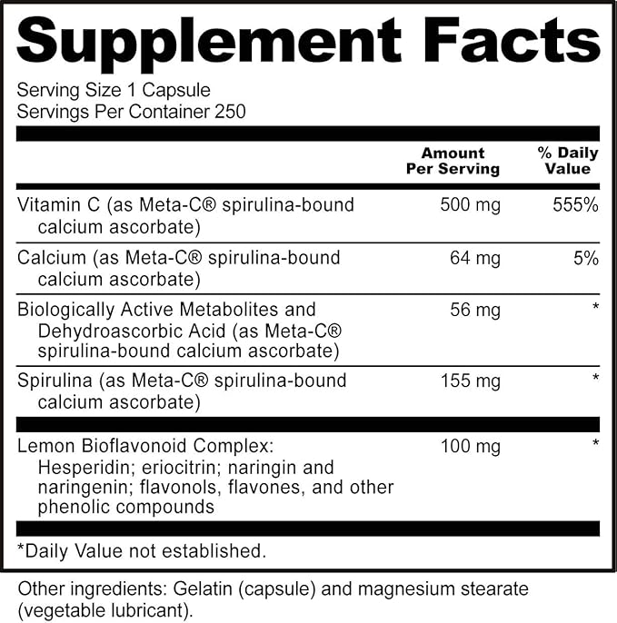 NutriBiotic Meta-C Capsules, 500 mg Spirulina-Bound Vitamin C, 250 Count | Buffered with Calcium, Biologically Active Spirulina Metabolites & Lemon Bioflavonoids | Antioxidant & Collagen Support