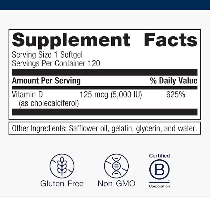 Metagenics Vitamin D3 5000 IU Supplement - High Potency Softgels for Comprehensive Immune, Bone & Heart Health Support* - 4-Month Supply - Non-GMO & Gluten-Free - 120 Count