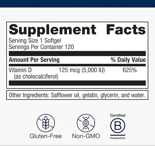 Metagenics Vitamin D3 5000 IU Supplement - High Potency Softgels for Comprehensive Immune, Bone & Heart Health Support* - 4-Month Supply - Non-GMO & Gluten-Free - 120 Count