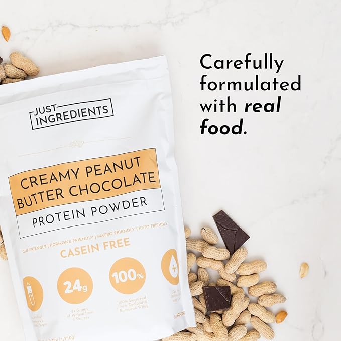 JUST INGREDIENTS Creamy Peanut Butter Chocolate Protein Powder – 30-ServingBlend with Grass-Fed Whey, Pea, Pumpkin Seed, Chia & Collagen – No Sugar Added – No Gums 24g Protein