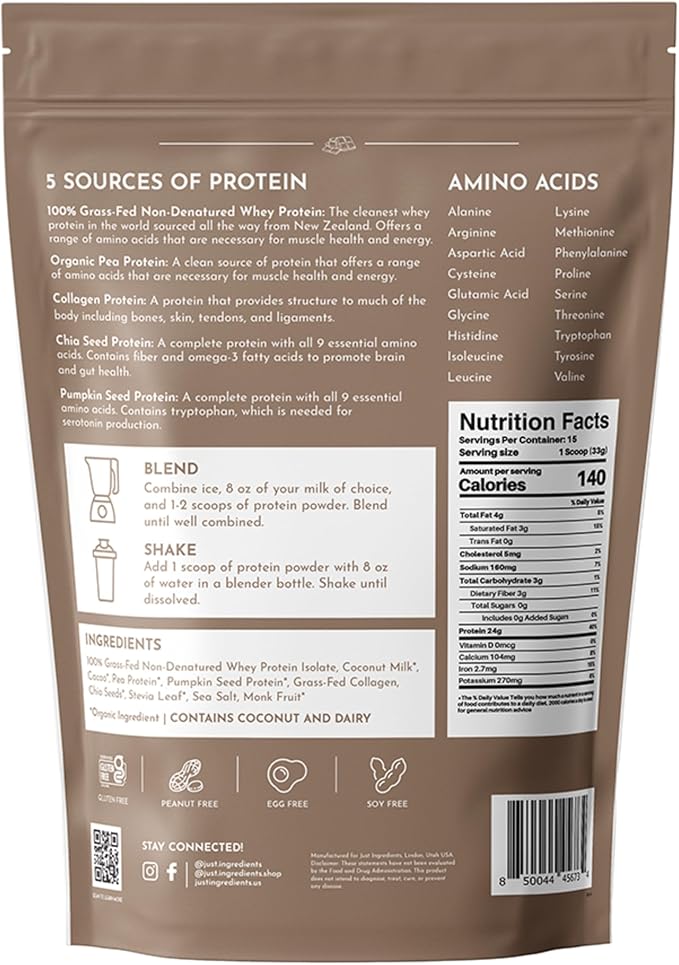 JUST INGREDIENTS Protein Powder | 15 Servings | 24g Protein | Chocolate Flavor Made with 100% Grass-Fed, Non-Denatured Whey | Five Different Sources from Organic Whole Food Ingredients
