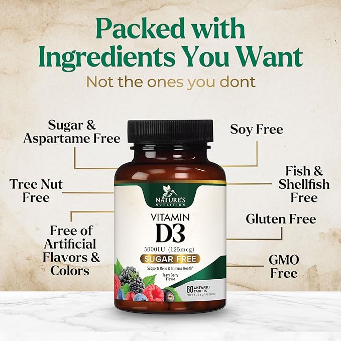 Vitamin D3 5000 IU (125 mcg) Nature's Extra Strength Vitamin D Supplement Chewable for Immune Support Health - Bone, Teeth and Muscle Supplements - Sugar Free, Non-GMO, Gluten Free - 60 Count Tablets