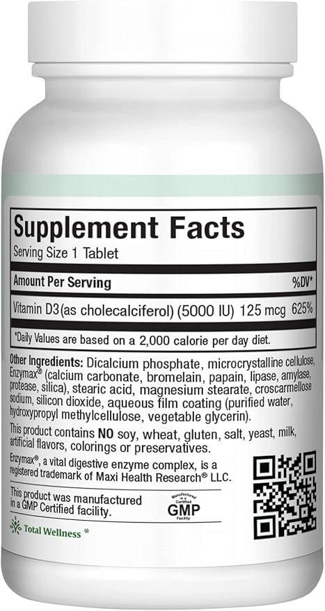 Maxi Health Vitamin D3 5000 IU (125 mcg) - High Dose Vitamin D 5000 IU - Healthy Bones, Teeth, Immune Support - Kosher Pure High Potency Vit D3 (90 Tablets)