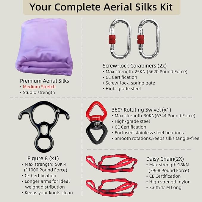 Aerial Silk Set, Premium 9Yards/8.2m Medium Stretch Fabric Silks, Perfect for AntiGravity Hammock Yoga Training & Dance Circus Performances Includes Hardwares & Daisy Chains