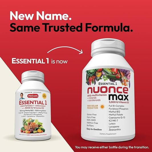 ANDREW LESSMAN Essential-1 nuonce max Multivitamin 3000 IU Vitamin D3 360 Small Capsules. 100 mcg Methyl B12. CoQ10 Lutein Lycopene Zeaxanthin. High Potency. No Additives. Ultra-Mild One Daily Capsule