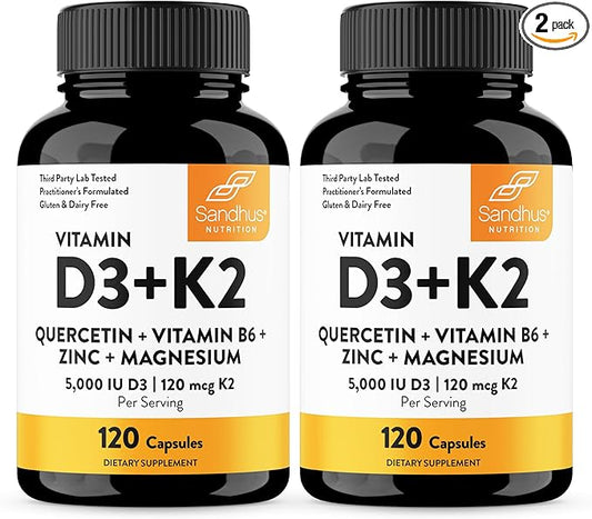 Sandhu's Vitamin D3 K2 Magnesium 5000 IU, 120mcg K2 Capsules 120 Count (Pack of 2) | with VIT B6, Zinc & Quercetin | D3K2 Supports Superior Absorption, Energy, Immune, Muscle Health for Men & Women