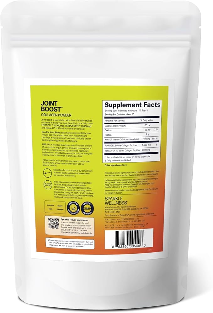 Sparkle Wellness FORTIGEL & TENDOFORTE Collagen Peptides | Collagen Powder with Calcium Ascorbate Vitamin C to Support Joint Mobility, Tendon & Ligament Health | Joint Boost (No Flavor) [30-Serves]