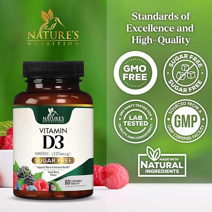 Vitamin D3 5000 IU (125 mcg) Nature's Extra Strength Vitamin D Supplement Chewable for Immune Support Health - Bone, Teeth and Muscle Supplements - Sugar Free, Non-GMO, Gluten Free - 60 Count Tablets