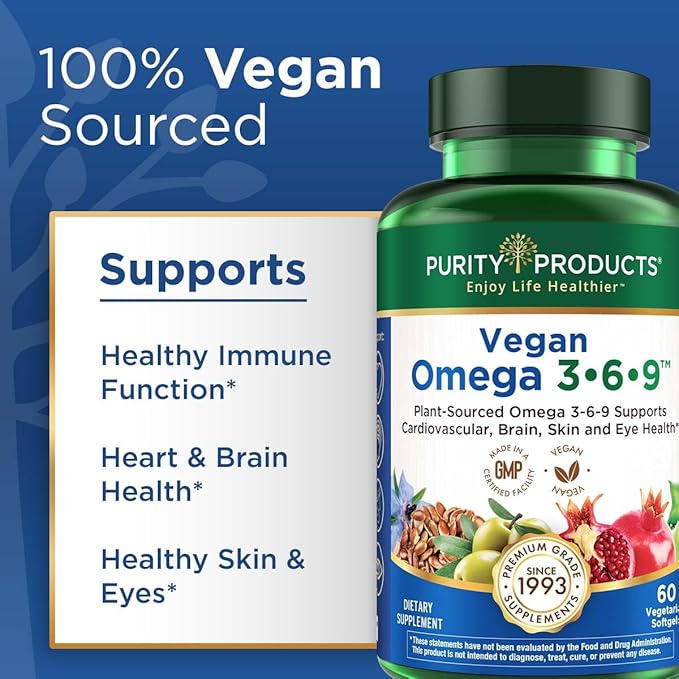 Purity Products Omega 3-6-9 Vegan and Vegetarian Formula - “5 in 1” Essential Fatty Acid Complex - Scientifically Formulated Plant-Based Omega 3 6 9 Essential Fatty Acids (EFA) - from (60)
