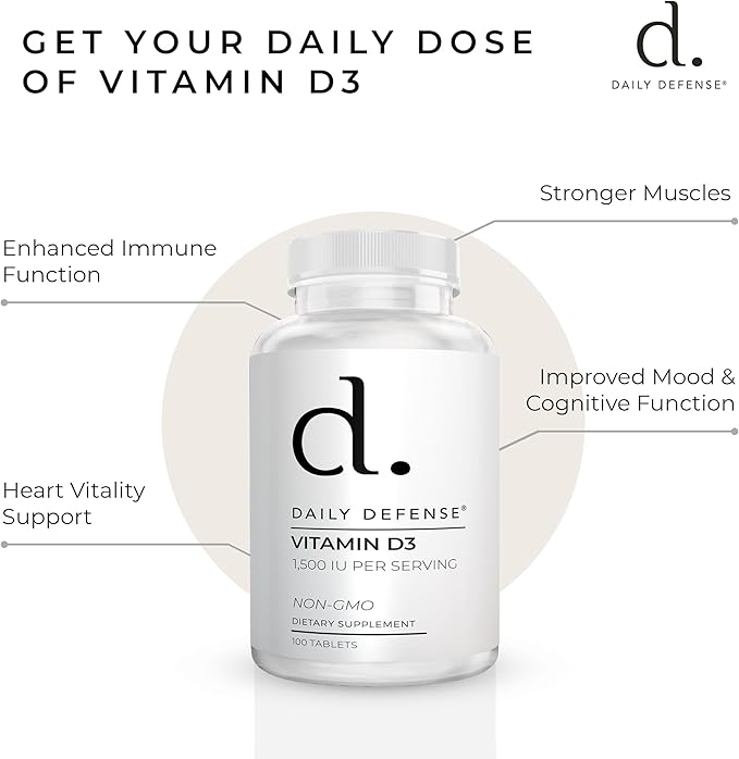 Immune Defense Supplements Vitamin D3 1500 IU for Heart Health, Daily Immune Support, Mental Clarity, & Muscle Function - 100 Vitamin D Tablets (D3 1500 IU)