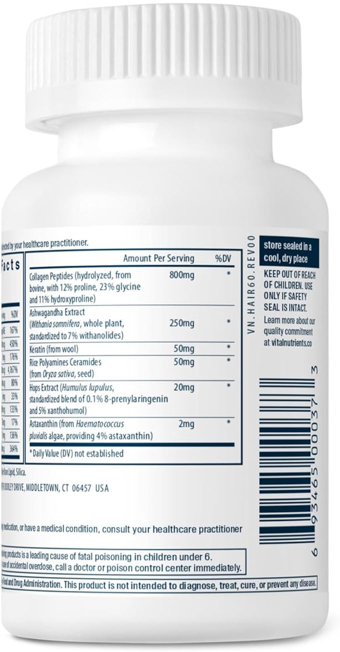 Vital Nutrients Hair Growth Vitamins Complex for Women | Hair Growth Supplement Supports Fuller, Thicker, Stronger with Keratin, Ashwagandha, Hops and Biotin | Vegan, Dairy, Gluten Free | 60 Count