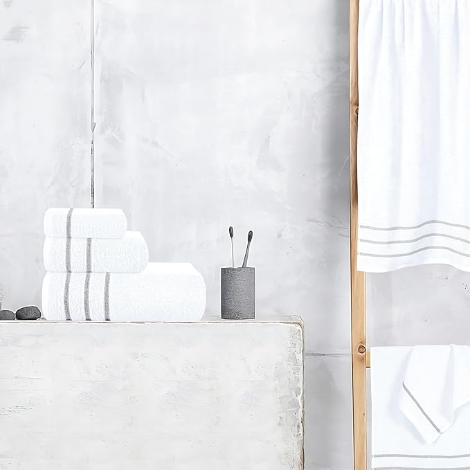 MyOwn Ultra Soft 6 Pack Cotton Towel Set, Contains 2 Bath Towels 28x55 inch, 2 Hand Towels 16x24 inch & 2 Wash Coths 12x12 inch, Ideal Everyday use, Compact & Lightweight - White, 71639