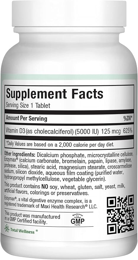 Maxi Health Vitamin D3 5000 IU (125 mcg) - High Dose Vitamin D 5000 IU - Healthy Bones, Teeth, Immune Support - Kosher Pure High Potency Vit D3 (180 Tablets)