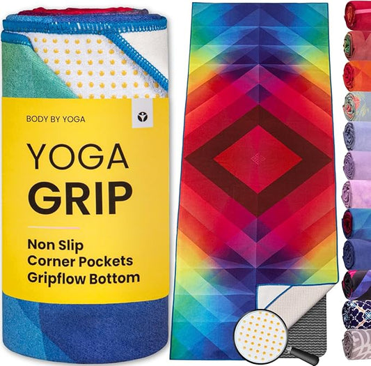 Yoga Grip Yoga Towel - Non Slip Hot Yoga Mat Towel With Corner Pockets, No-Skid Grip, and Built-in Alignment Lines | Soft, Moisture Wicking, and Sweat Absorbent | No Bunching, Stays in Place 72" x 25"