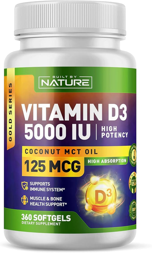Built by Nature Vitamin D Supplement - Vitamin D3 5000 IU with Coconut MCT Oil – Easy to Swallow VIT D Mini Soft Gels - 1 Year Supply – 360 Softgels