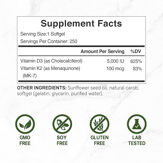 DEAL SUPPLEMENT Vitamin D3 5,000 IU + K2 MK7 Softgels, 250 Count | 2-in-1 Complex | Supports Heart, Bone, Teeth & Immune Health* | Easy to Swallow