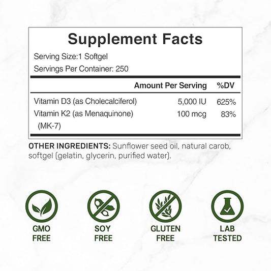 DEAL SUPPLEMENT Vitamin D3 5,000 IU + K2 MK7 Softgels, 250 Count | 2-in-1 Complex | Supports Heart, Bone, Teeth & Immune Health* | Easy to Swallow