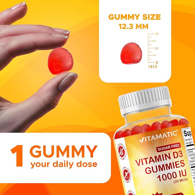Vitamatic Sugar Free Vitamin D3-120 Pectin Based Gummies - Great Taste - Healthy Bones, Mood & Immune System Function - Non-GMO - 120 Servings (1000 IU)
