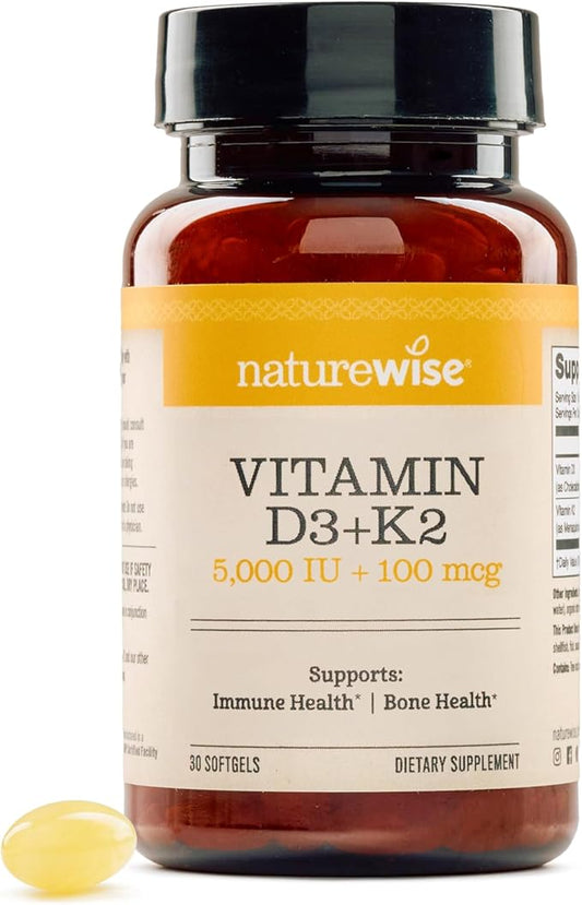 NatureWise Vitamin D3 5000IU + K2 (MK7) 100mcg with Organic Extra Virgin Coconut Oil - Supports Calcium Absorption, Bone & Immune Health - Non-GMO, Soy & Gluten-Free - 30 Softgels[30-Day Supply]