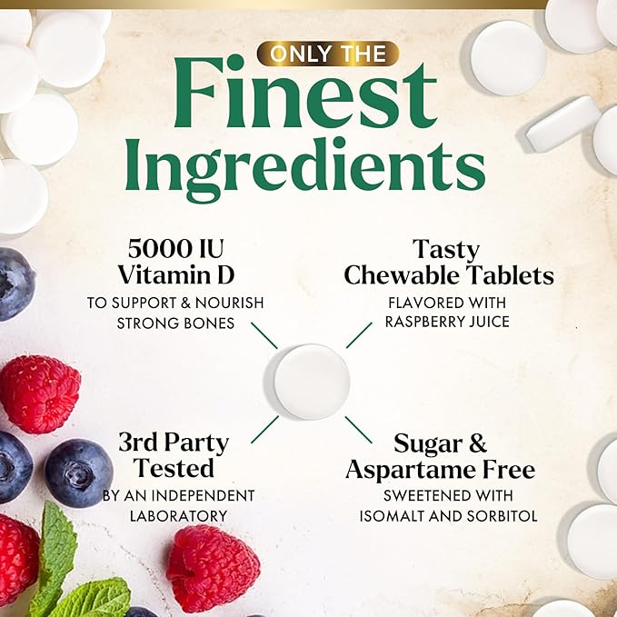 Vitamin D3 5000 IU (125 mcg) Nature's Extra Strength Vitamin D Supplement Chewable for Immune Support Health - Bone, Teeth and Muscle Supplements - Sugar Free, Non-GMO, Gluten Free - 60 Count Tablets