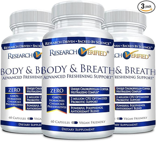 Research Verified Body & Breath Natural Deodorant & Freshener - Bad Breath & Body Odor Supplement - 60 Count (3 Months Supply)