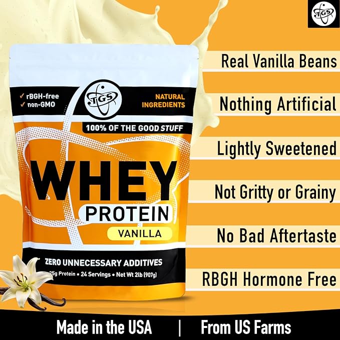 TGS Nutrition Vanilla Whey Protein Powder 2lb - No Artificial Sweeteners, All Natural Ingredients, Undenatured, No Stevia, Non GMO - 25g Protein for Women & Men Shakes, Smoothies - Aids Muscle Gain