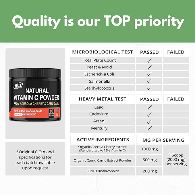 Natural Vitamin C from Acerola Cherry & Camu Camu Powder - High Absorption with Citrus Bioflavonoids - Immune System & Collagen Booster - Anti Aging Skin Vitamins Made in USA 90 servings
