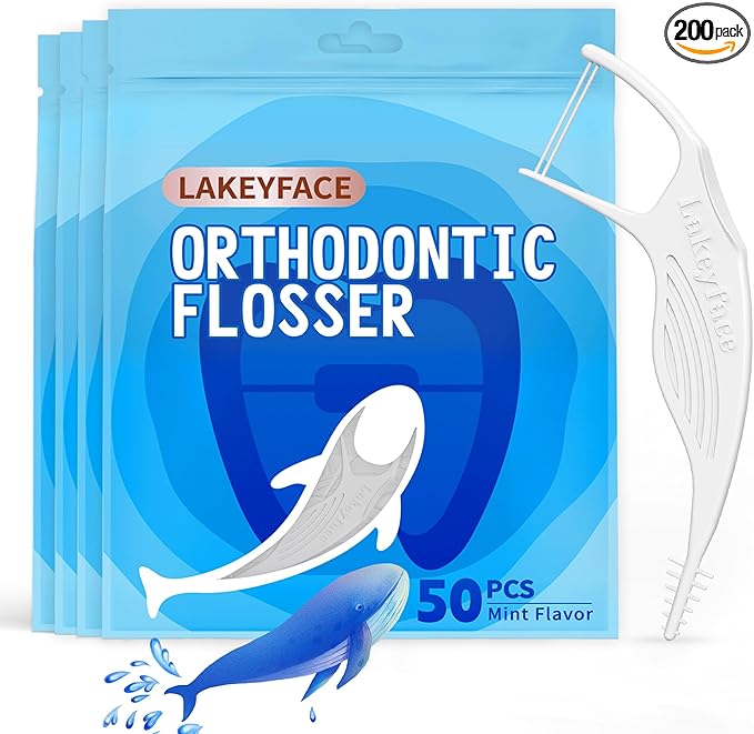 200 Count Twin-Line Braces Flossers, Orthodontic Flossers for Braces, Fits Under Arch Wire No Damage, Whale Wider Handle with Unique Finger Press, Ortho Dental Floss for Kids & Adults, Mint