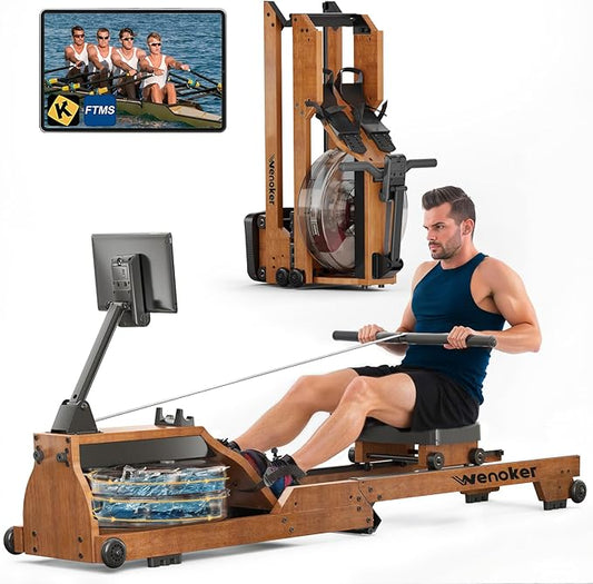 Water Rowing Machine for Home Use, WENOKER Wooden Foldable Rower Machine with Adjustable Monitor & Bluetooth APP, Large Water Tank & Comfortable Seat for Immersive Water Rower, 350LBS Weight Capacity