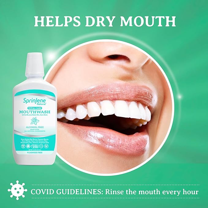 SprinJene Fluoride Free Mouthwash, Alcohol Free for Fresh Breath Gum Health Dry Mouth Whitening Teeth w/Black Seed Oil, Zinc, Xylitol - All Natural Vegan Gluten Free Kosher Halal SLS Free & Non Toxic