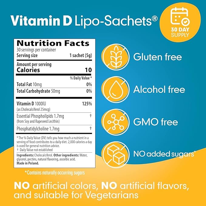 Lipo-Sachets Liposomal Vitamin D3-1000IU Per Serving for Immune System Support - High Absorption Vitamin D - GMO Free, No Added Sugar - 30 Liposomal Liquid Vitamin D Packets