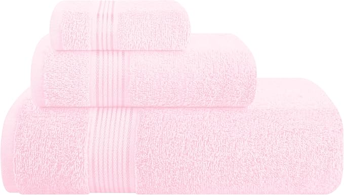 Belizzi Home Ultra Soft 3 Pack Cotton Towel Set, Contains a Bath Towel 28x55 inch, a Hand Towel 16x24 inch & a Wash Coth 12x12 inch, Ideal Everyday use, Compact & Lightweight - Pink