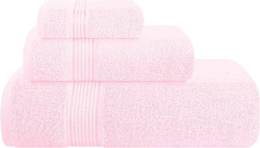 Belizzi Home Ultra Soft 3 Pack Cotton Towel Set, Contains a Bath Towel 28x55 inch, a Hand Towel 16x24 inch & a Wash Coth 12x12 inch, Ideal Everyday use, Compact & Lightweight - Pink