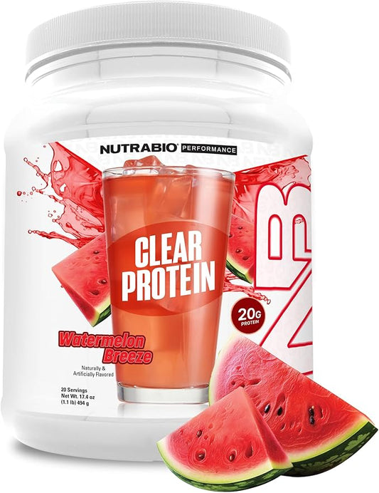 NutraBio Clear Protein Powder, Watermelon Breeze - 20 Servings, 20g Clear Whey Protein Isolate, 0 Sugar, 0g Lactose, Refreshing Fruit Flavors, GLP1 Support -Bone Health - Muscle Post Workout Recovery