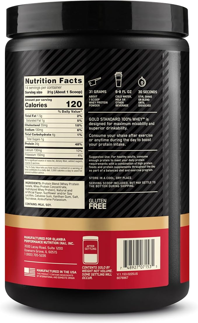 Optimum Nutrition Gold Standard 100% Whey Protein Powder, Vanilla Ice Cream, 1 Pound (Pack of 1)