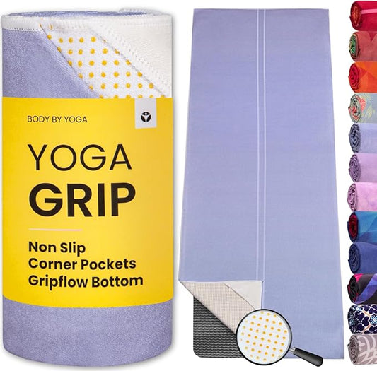 Yoga Grip Yoga Towel - Non Slip Hot Yoga Mat Towel With Corner Pockets, No-Skid Grip, and Built-in Alignment Lines | Soft, Moisture Wicking, and Sweat Absorbent | No Bunching, Stays in Place 72" x 25"