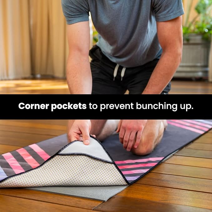 Yoga Grip Yoga Towel - Non Slip Hot Yoga Mat Towel With Corner Pockets, No-Skid Grip, and Built-in Alignment Lines | Soft, Moisture Wicking, and Sweat Absorbent | No Bunching, Stays in Place 72" x 25"