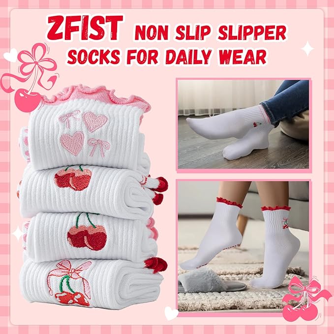 ZFiSt Pilates Socks with Grips for Women,4Pairs Ruffle Yoga Sock Cute Cotton Grippy Socks for Barre Workout Non Slip 5-10in