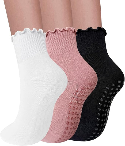 3 Pairs Pilates Socks with Grips for Women Non Slip Grip Ruffle Yoga Ankle Grippy Socks